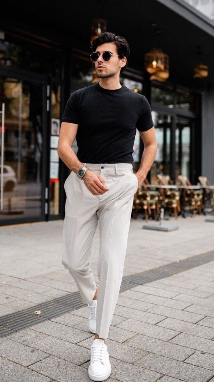 Black T-Shirt with White Linen Pants and White Sneakers 